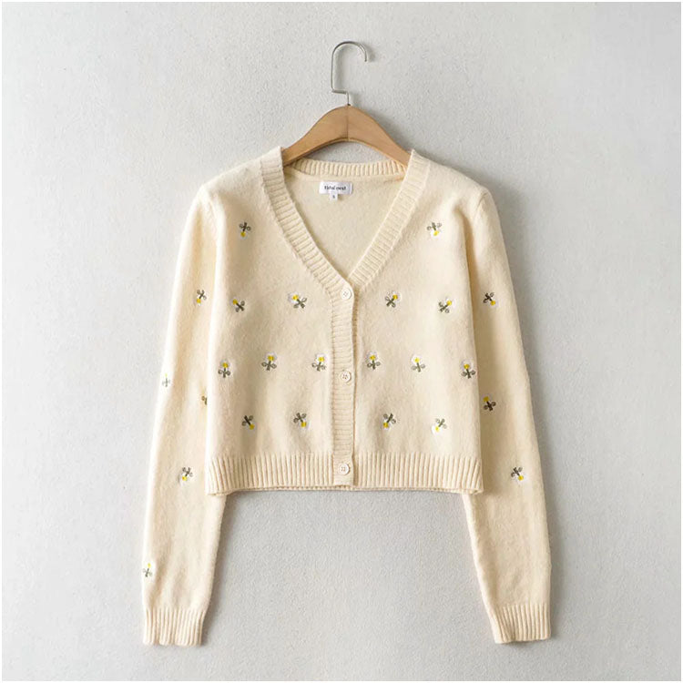 Lazy embroidery button cardigan V-neck versatile top coat sweater  7213