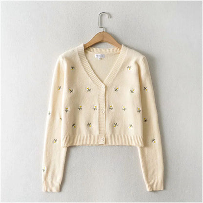 Lazy embroidery button cardigan V-neck versatile top coat sweater  7213