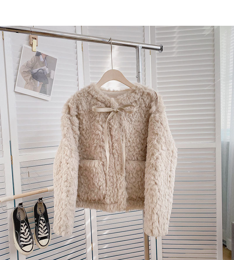 Lamb down coat aging loose tie long sleeve top  6225
