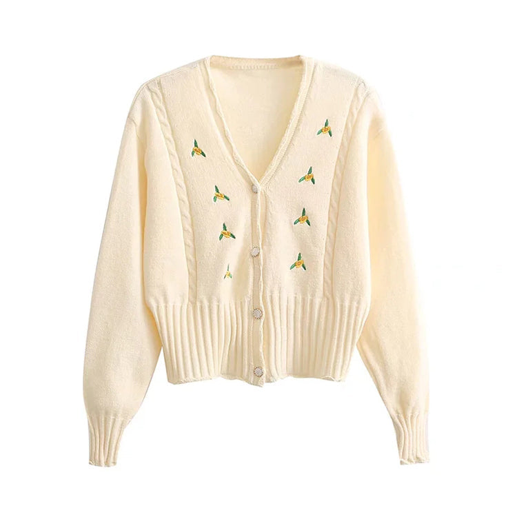 Embroidered V-neck button long sleeve short knit cardigan coat  7402