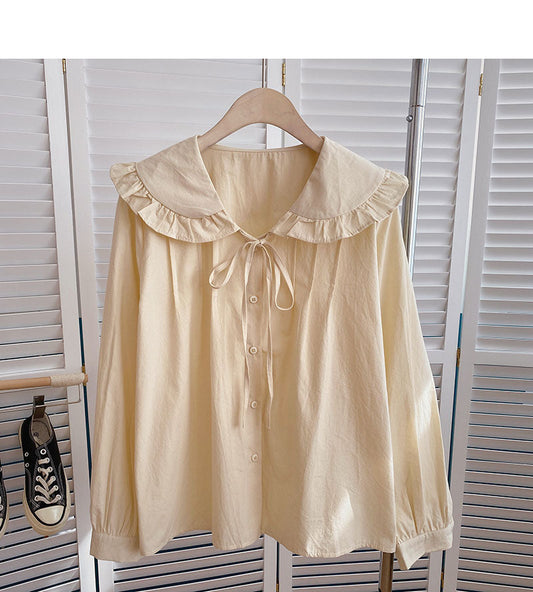 Solid color drawstring doll Neck Shirt Long Sleeve Shirt cardigan  6347