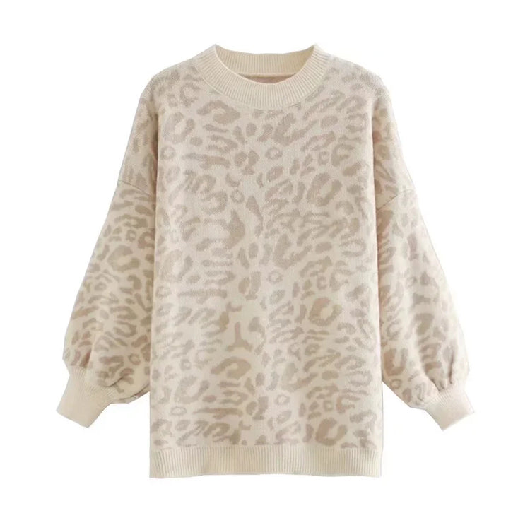 Loose Pullover lazy long sleeve leopard jacquard sweater  7464