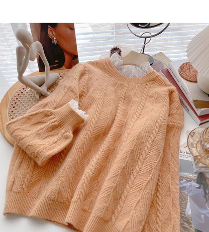 Sweet retro lace edge long sleeve Pullover thin loose top  6020