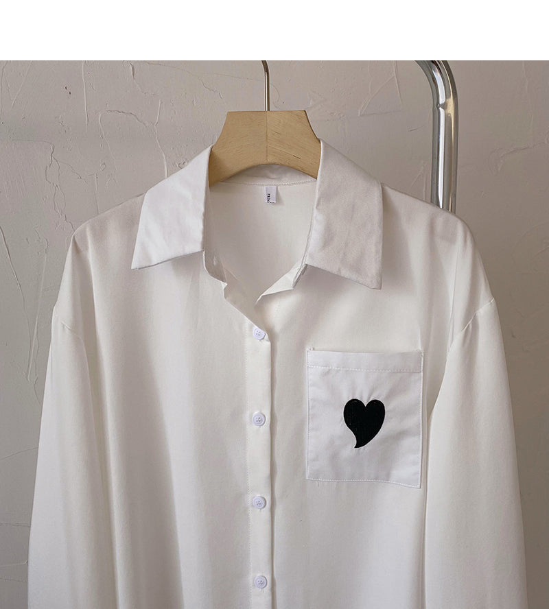 Loose long sleeve shirt personalized love pocket Lapel top  6430