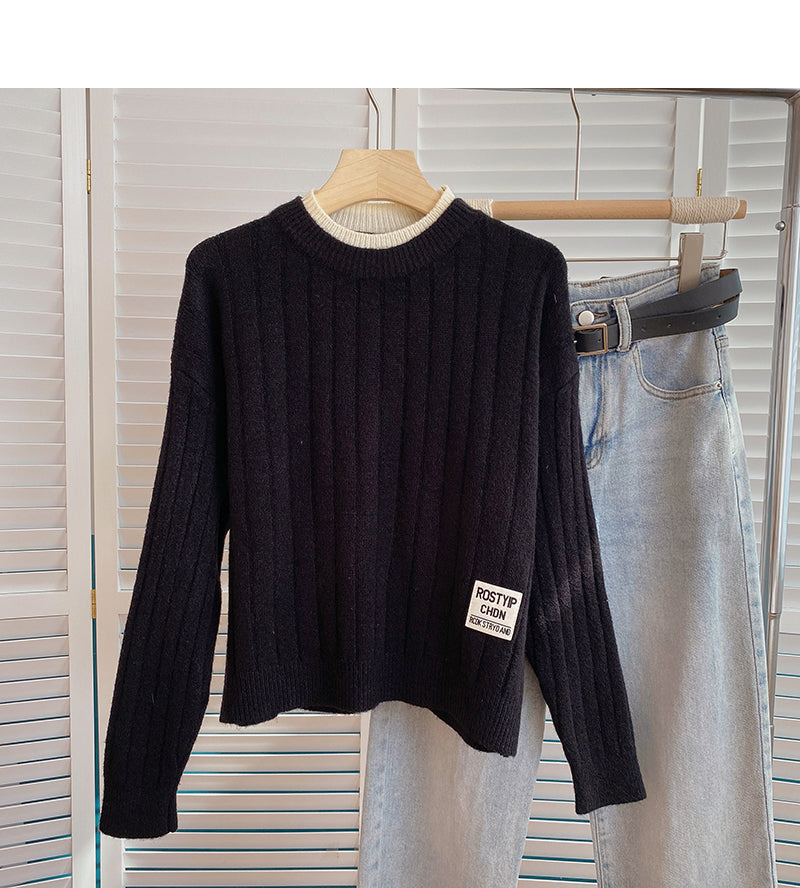 Design color contrast crew neck Pullover Sweater  6163