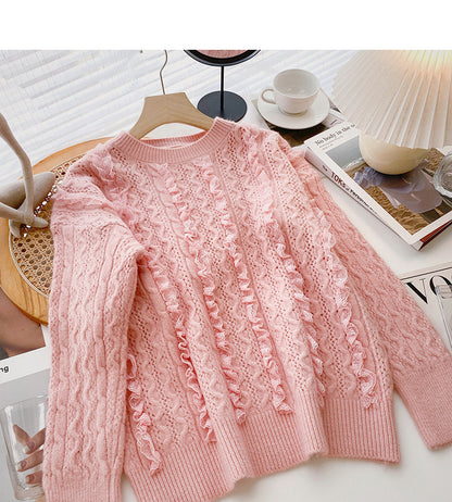 Design sense wavy lace sweater loose sweet crew neck top  6088
