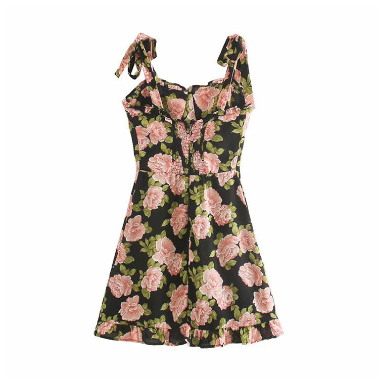 New slim slim ruffled double shoulder strap bow print dress  7071