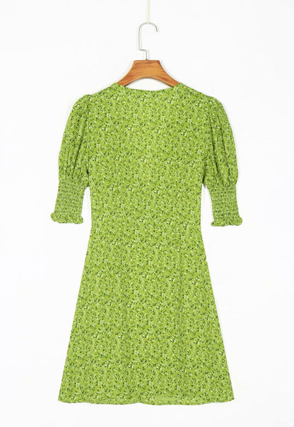 Vintage V-neck slim waist button floral print dress  7042
