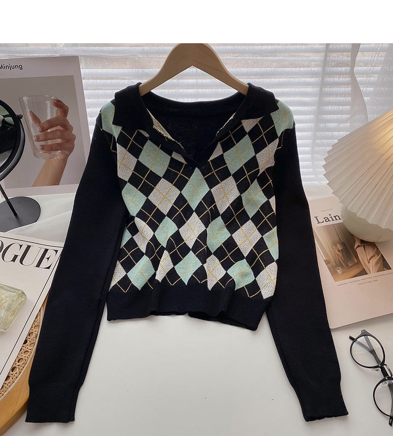Plaid long sleeve sweater small short Pullover Top  6653