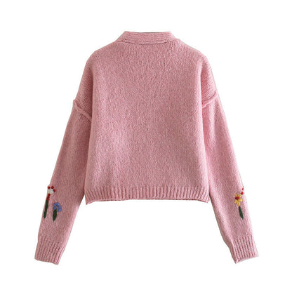 French sweet V-Neck long sleeve flower jacquard sweater knitted coat  7355
