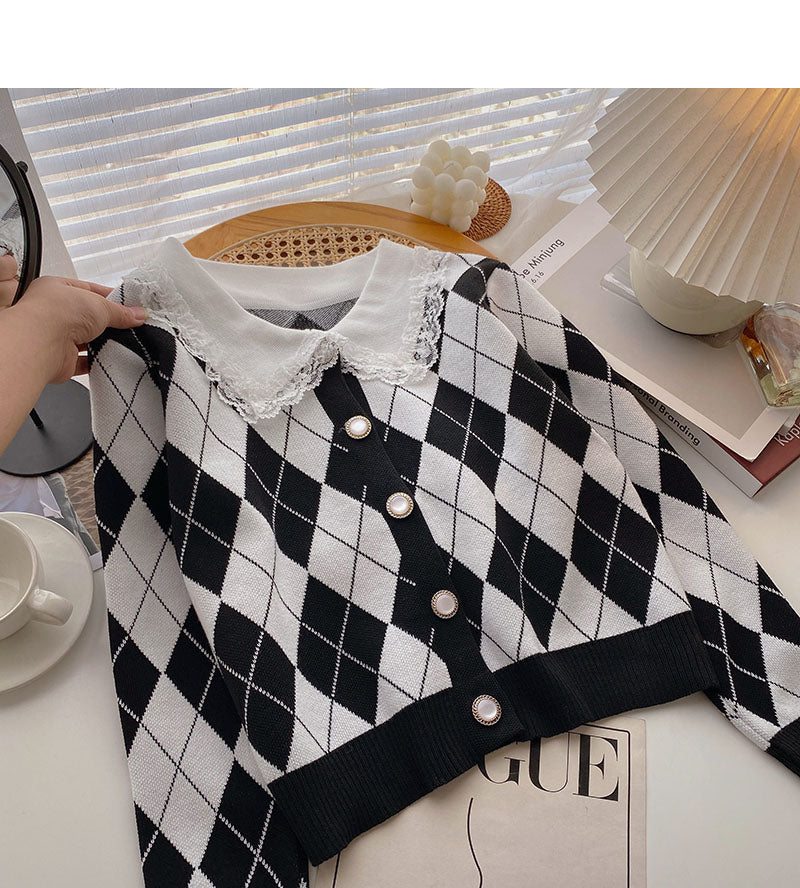 Lace doll neck slim Vintage plaid sweater  6466