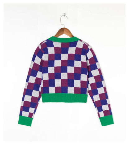Vintage Spice Girl contrast Plaid V-neck knit cardigan  7256