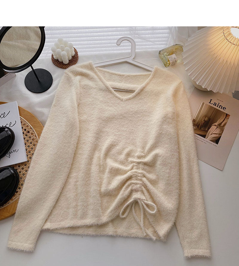 Imitation mink sweater niche V-neck drawstring slim top  6657