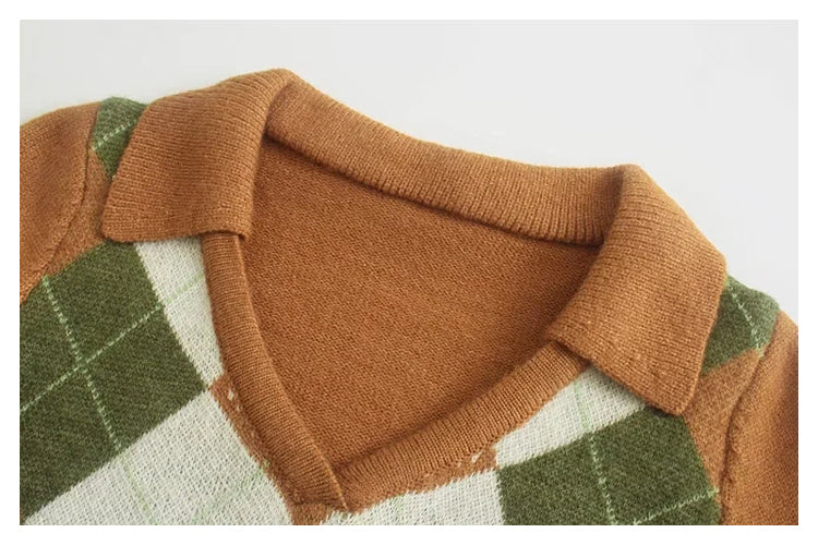 V-neck diamond check contrast jacquard slim knit  7195