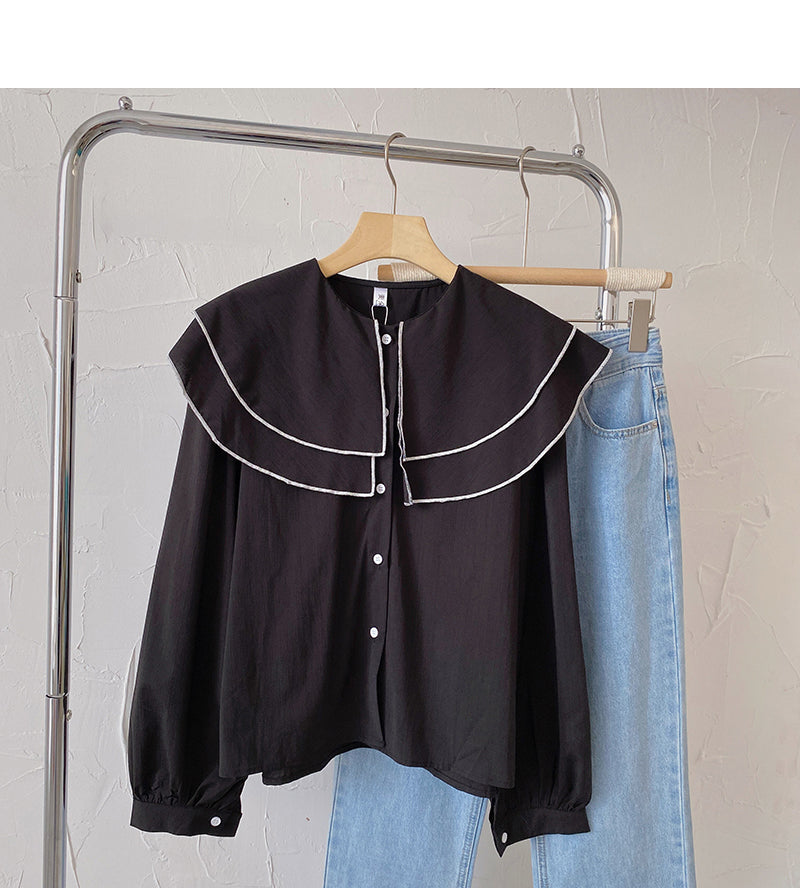 Baby collar long sleeve Vintage shirt casual loose top fashion  6431