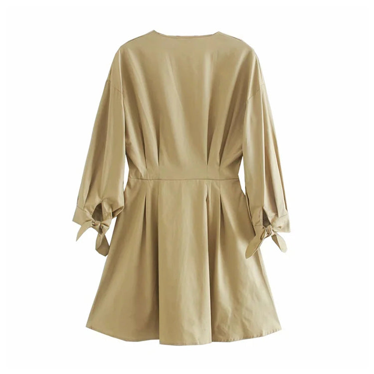 European and American style long sleeved women's wear with belt V-neck dress  7103