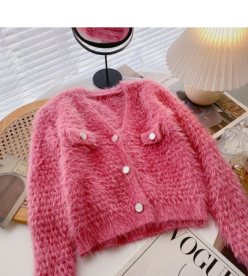 Imitation mink wool solid color sweater knitted cardigan fashion  6135