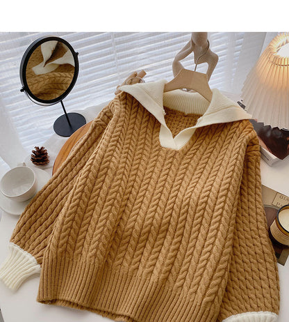 Loose and lazy wind twist sweater color contrast Lapel top  6095