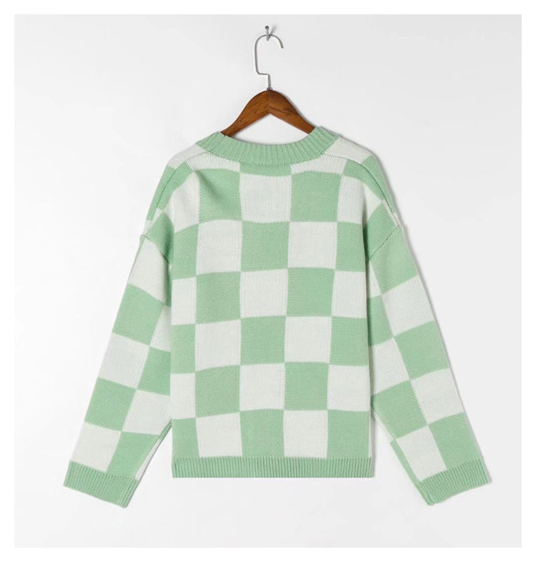 Lazy wind chessboard with sweater autumn  7403