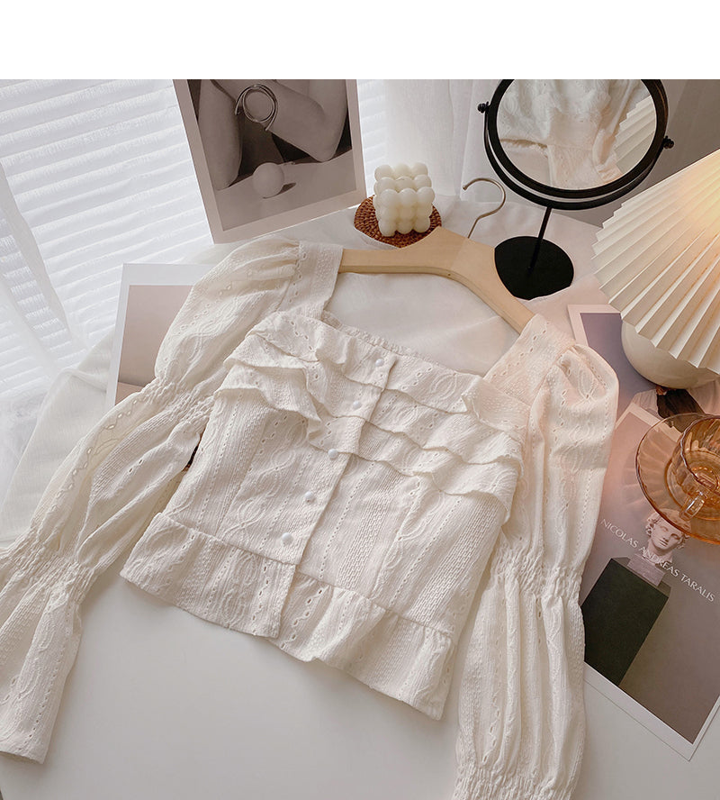 Ruffled Square Neck Shirt Short flare sleeve top  6429