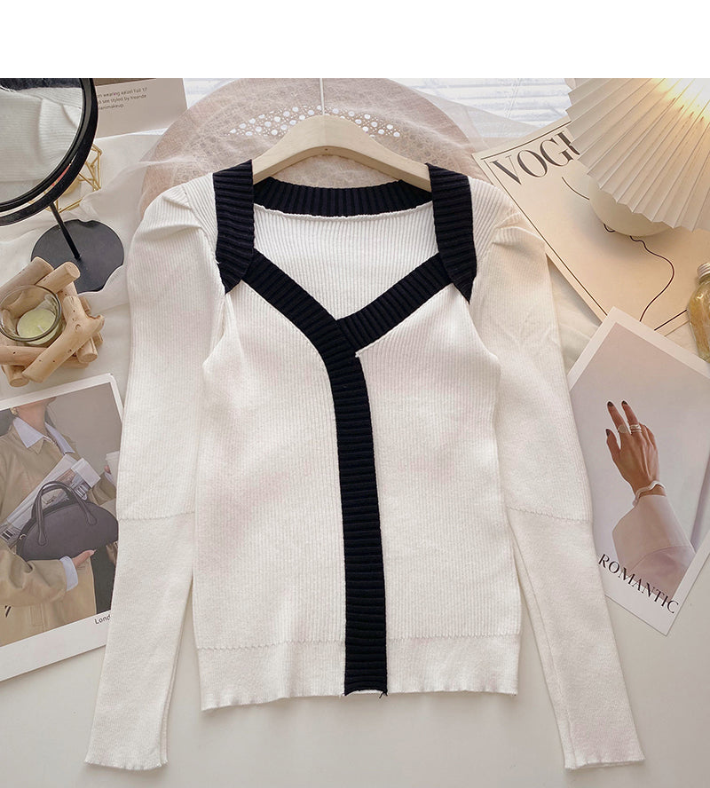 French square neck contrast thin long sleeve sweater  6492