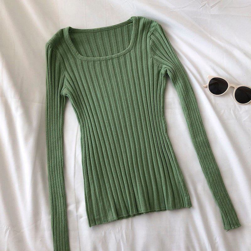 Versatile solid slim slim long sleeve pit stripe T-shirt  6479