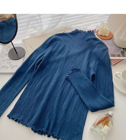 Stand collar long sleeve design slim fit bright silk sweater  6582