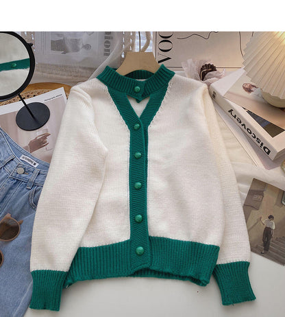 Hollow out design of long sleeve retro color matching sweater  6196