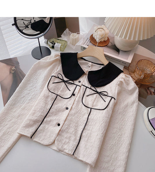 The new Korean doll collar contrast color bandage design feels thin top  6397