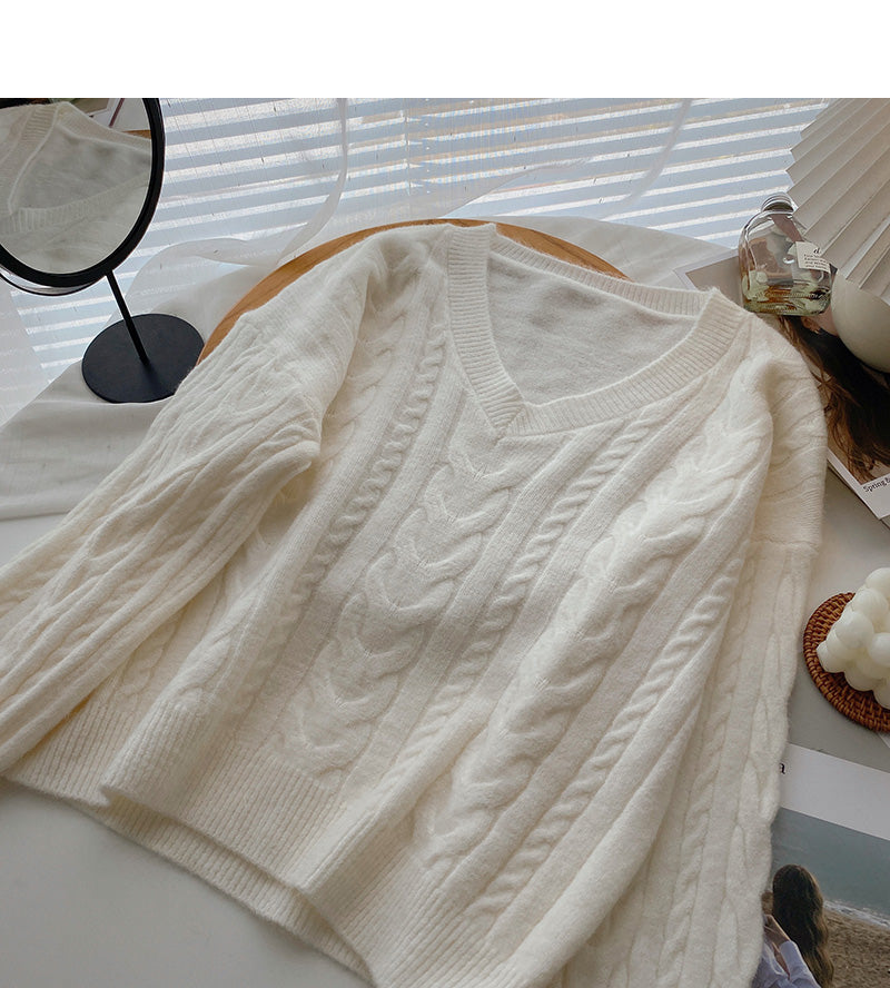 Retro western style thin V-Neck long sleeve loose twist sweater  5959