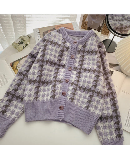 Small fragrance retro color matching thousand bird lattice long sleeve top  5942