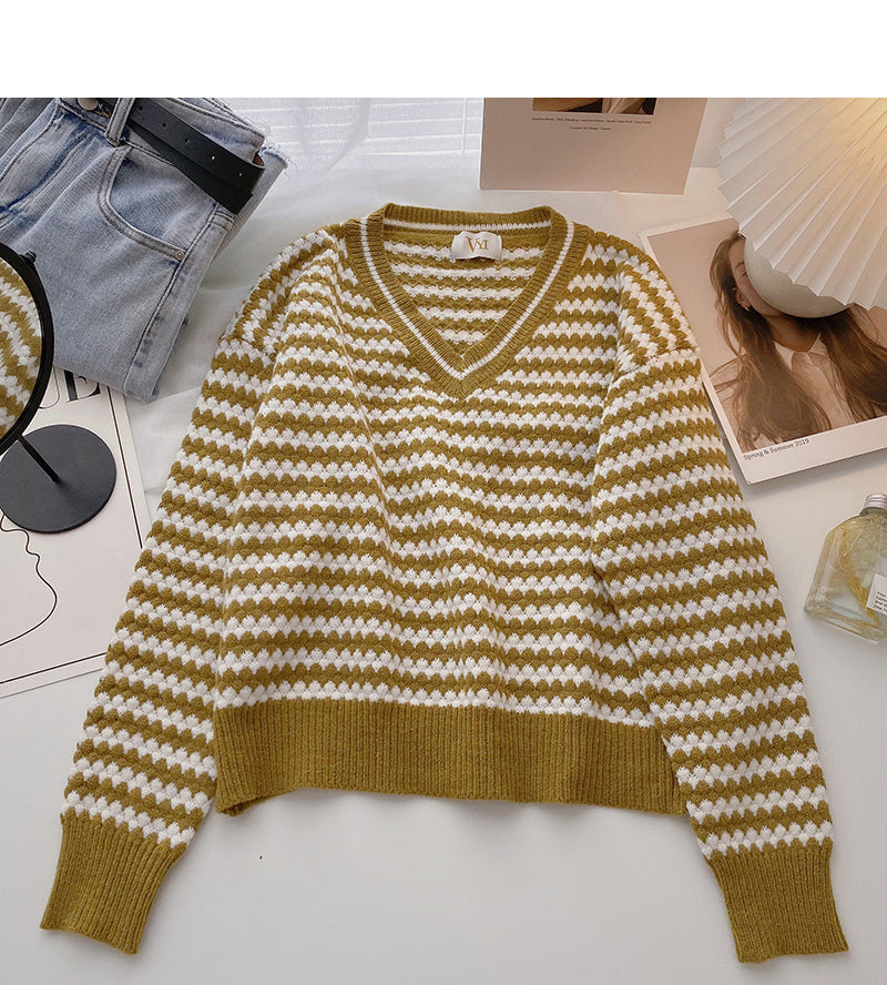 Stripe color contrast V-neck Pullover long sleeve temperament sweater 6000