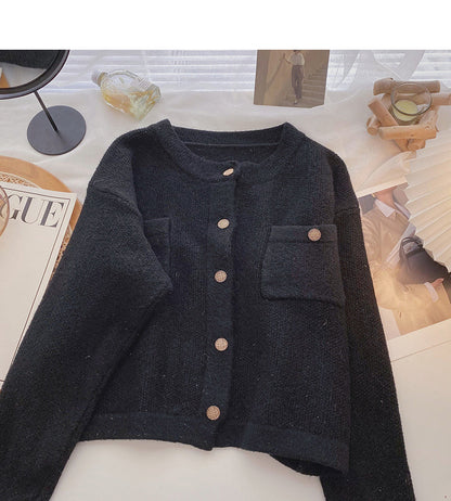 Solid gold round neck sweater small fragrance single breasted top  6166