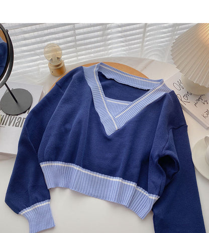 Long sleeve T-shirt retro contrast V-neck short temperament top  6551