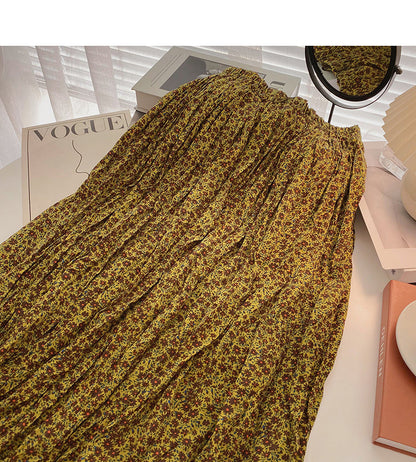 Hong Kong style retro floral high waist elastic A-shaped large swing skirt  5738