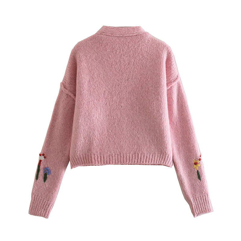 French sweet V-Neck long sleeve flower jacquard sweater knitted coat  7201