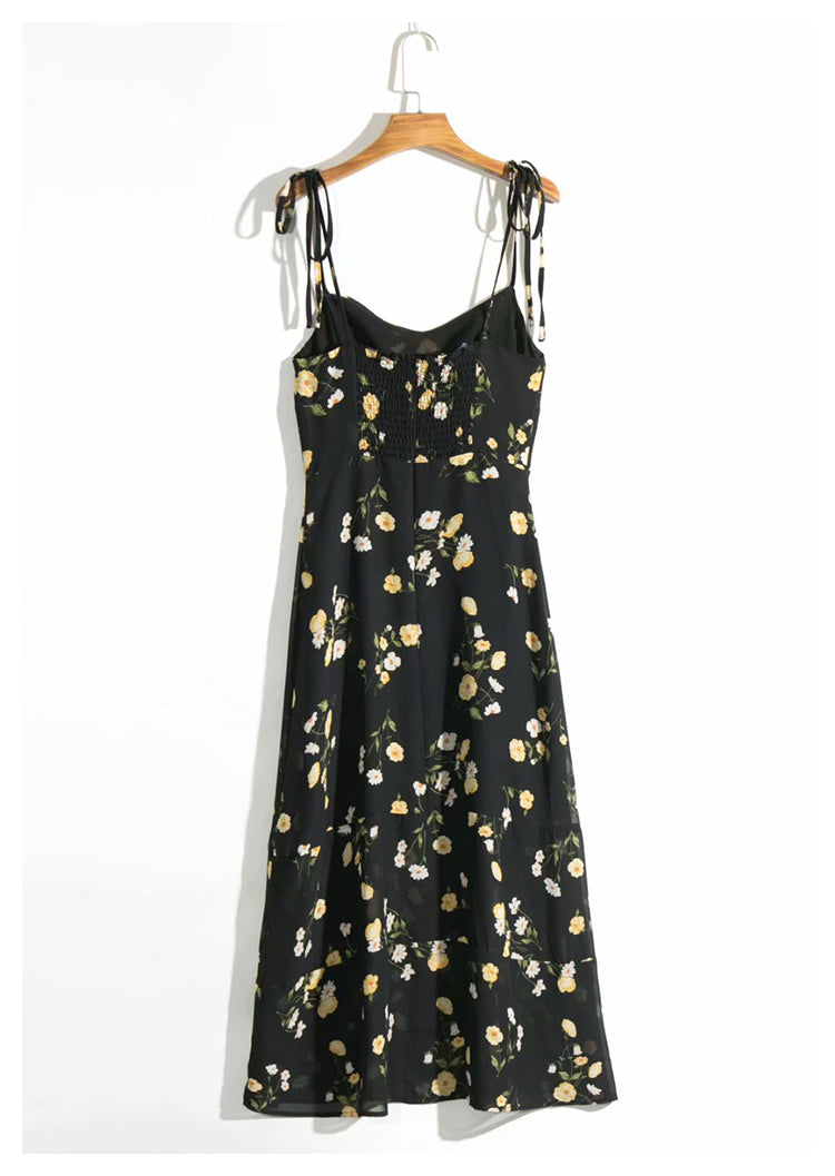 French retro floral black long waist over knee sexy light cooked  7141