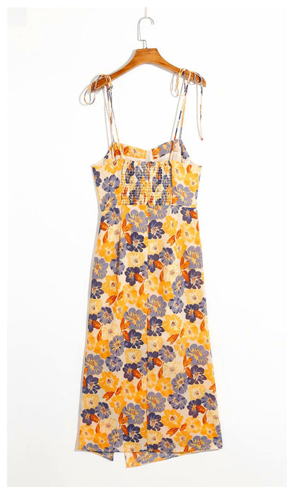 New slim fit, slim and versatile French printed side split suspender backless dress for women  7029