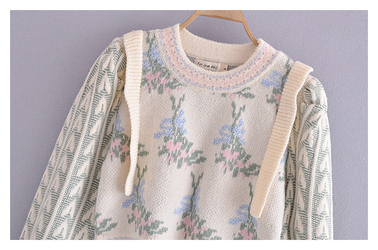 Vintage jacquard sweater womanly open navel bubble sleeve sweater  7296