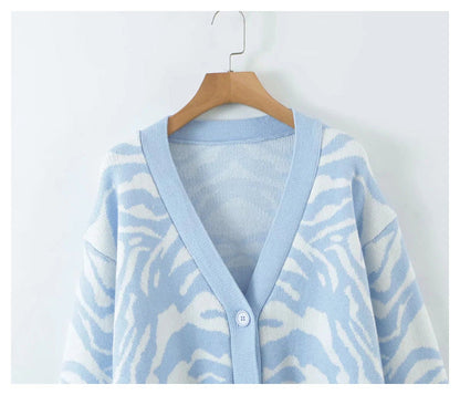 Horse jacquard long sleeve sweater lazy retro V-neck knitted cardigan  7265