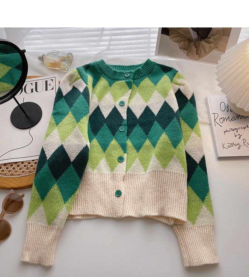 Lingge contrast color sweet retro long sleeved sweater  6206