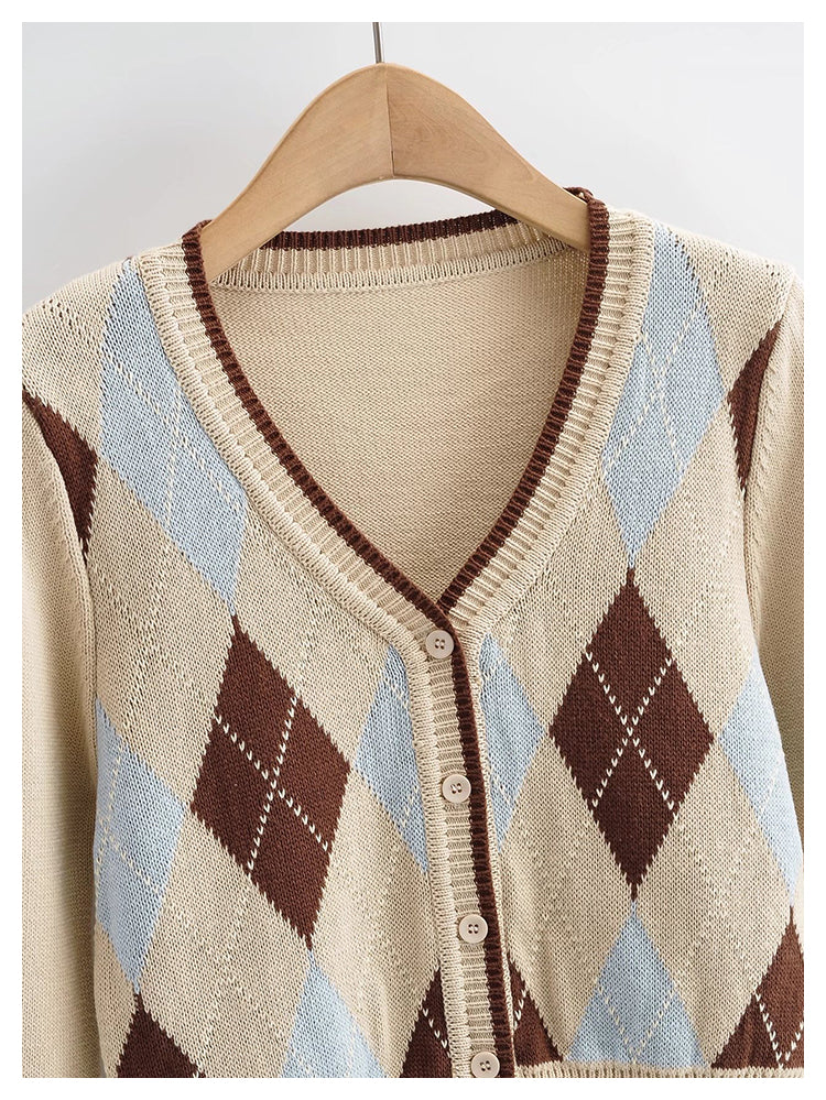 College style diamond check knitted sweater  7517