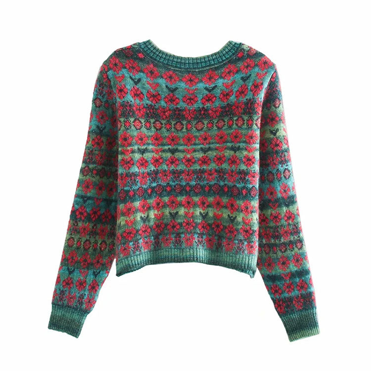 Sweater coat women's cardigan square neck Vintage contrast jacquard long sleeve knitting  7159