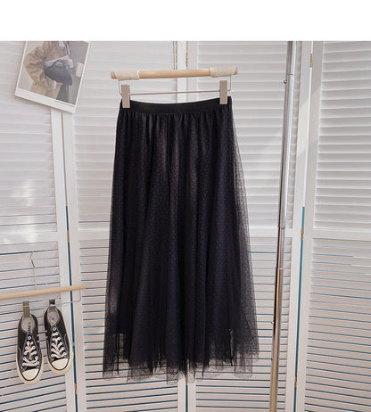 Solid color Polka Dot mesh high waist A-shaped mid length skirt  5790