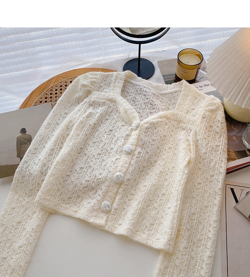 French small square collar lace shirt long sleeve short top fashion  6362