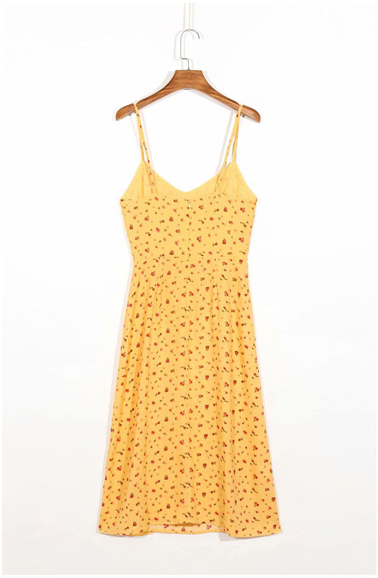 Gentle wind floral suspender dress over knee split skirt  7097