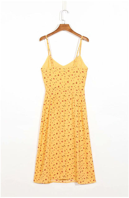Gentle wind floral suspender dress over knee split skirt  7097