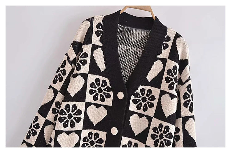 Quality V-Neck long sleeve jacquard knitted cardigan sweater coat  7266