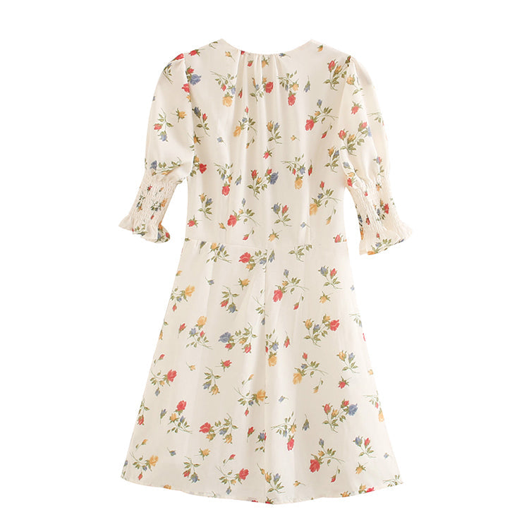 Light luxury holiday style French minority printed front breasted dress  7043