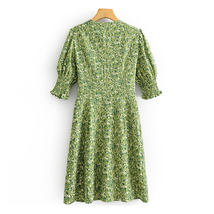 Versatile slim and fresh printed breasted dress skirt  7031